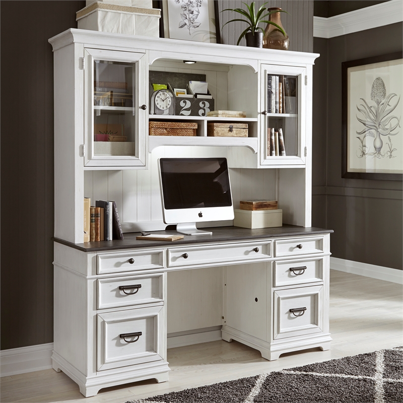 Pemberly Row White Credenza and Hutch Home Office Desk with Wire Management