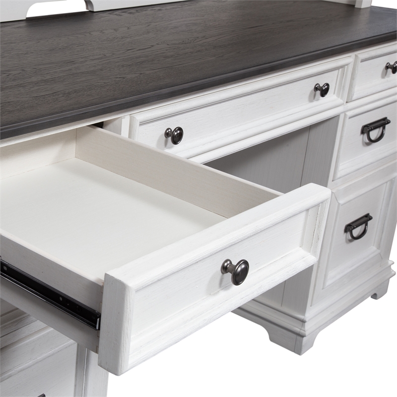 Pemberly Row White Credenza and Hutch Home Office Desk with Wire Management