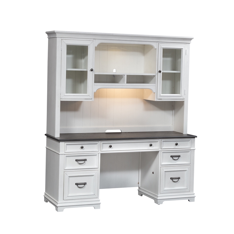 Pemberly Row White Credenza and Hutch Home Office Desk with Wire Management