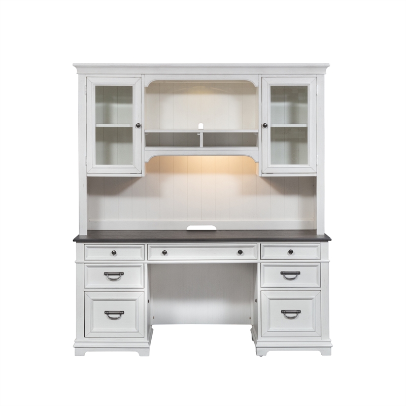 Pemberly Row White Credenza and Hutch Home Office Desk with Wire Management