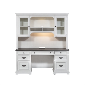 Pemberly Row White Credenza and Hutch Home Office Desk with Wire Management
