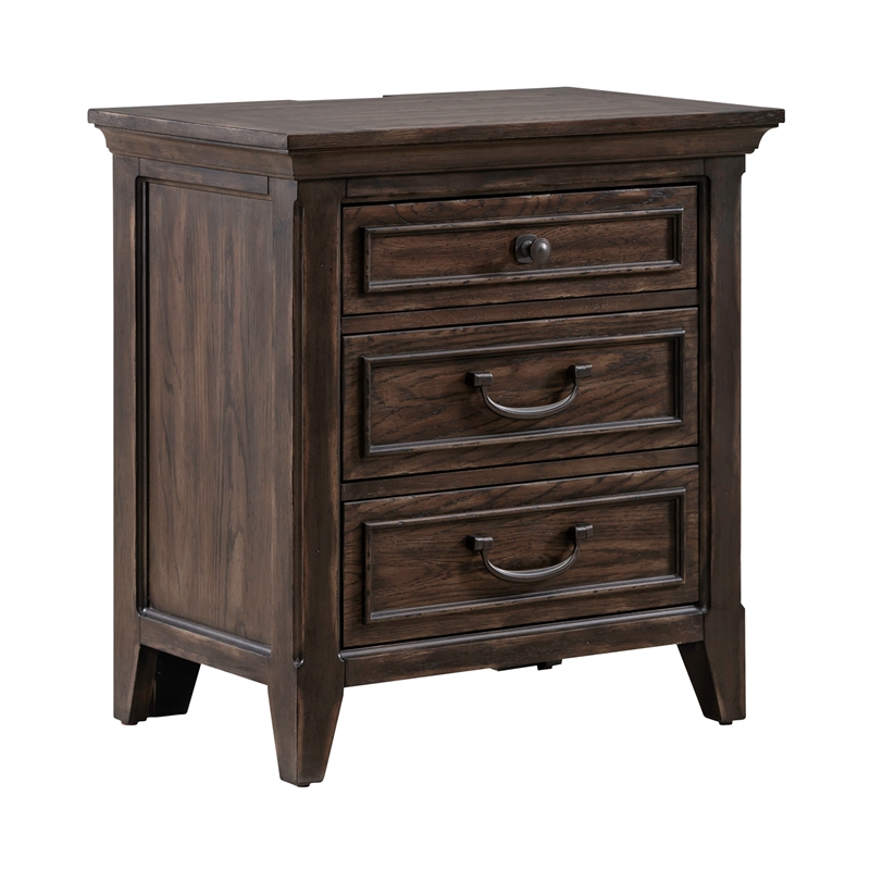 Pemberly Row Nightstand with Charging Station in Brown Wood Finish