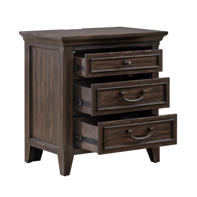 Pemberly Row Nightstand with Charging Station in Brown Wood Finish
