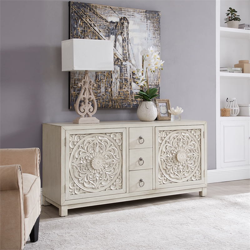 Pemberly Row 2 Door 3 Drawer Accent Cabinet with Floral Pattern in White