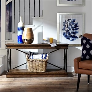 Pemberly Row Sofa Table with X Metal Accents and Walnut Inlay in Brown