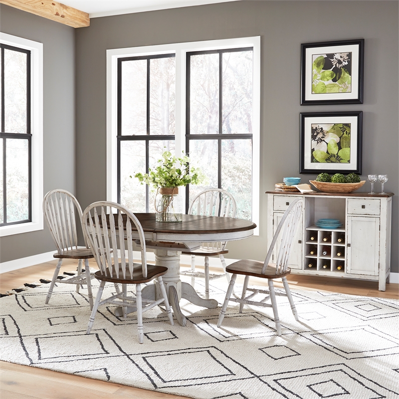 Pemberly Row 5-Piece Pedestal Dining Set with Butterfly Leaf in White Finish