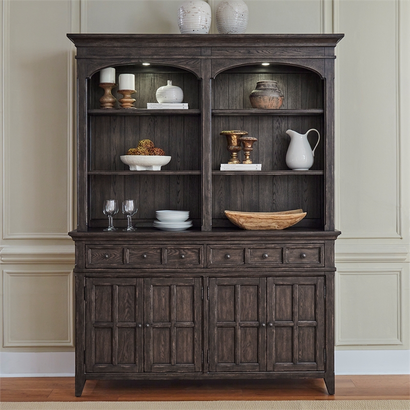 Pemberly Row Hutch and Buffet with Silverware Tray in Saddle Brown
