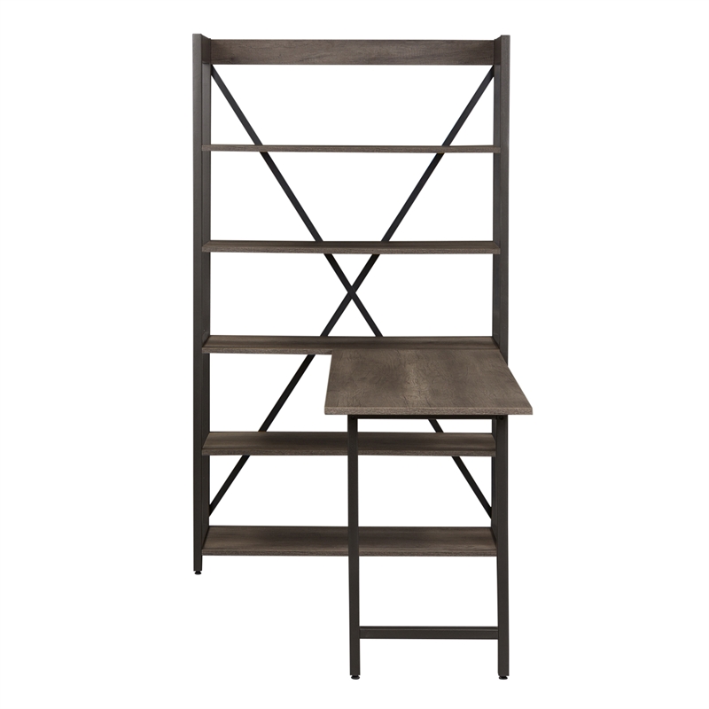 Pemberly Row Desk and Bookcase Set in Greystone Melamine w/ Pewter Accents