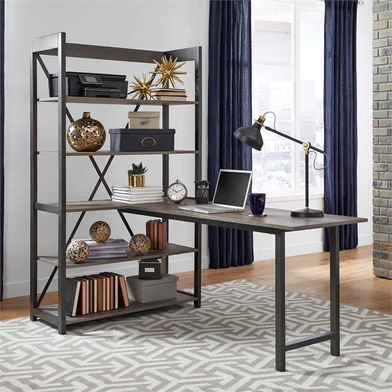 Pemberly Row Desk and Bookcase Set in Greystone Melamine w/ Pewter Accents