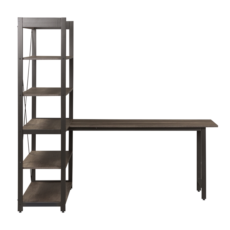 Pemberly Row Desk and Bookcase Set in Greystone Melamine w/ Pewter Accents