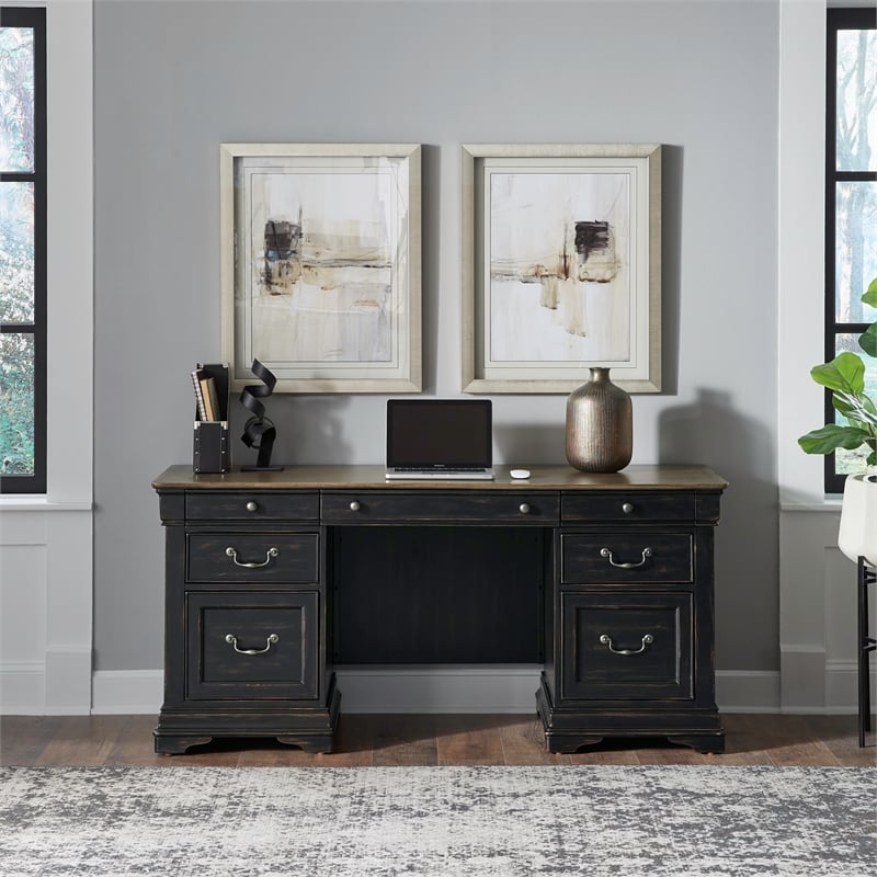 Pemberly Row Jr Executive Credenza with File Drawers in Aged Charcoal