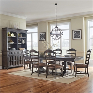 Pemberly Row 7 Piece Trestle Table Set with Leather Upholstery in Brown