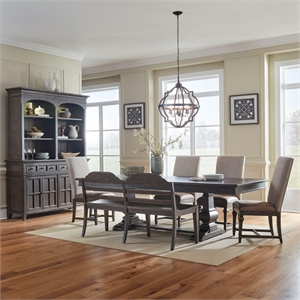Pemberly Row 6 Piece Trestle Table Set with Double Pedestals in Brown