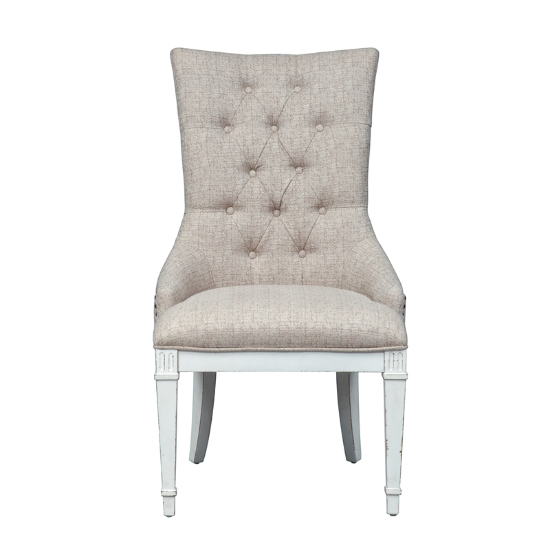 Pemberly Row Beige Hostess Chair Set of 2 with Nail Head and Fluted Legs