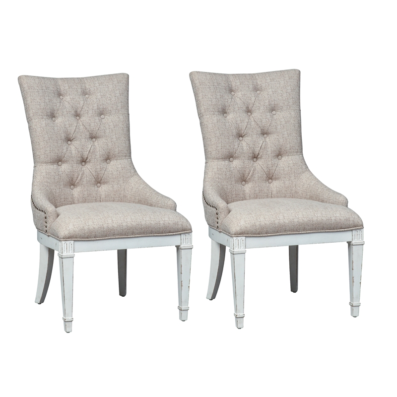 Pemberly Row Beige Hostess Chair Set of 2 with Nail Head and Fluted Legs