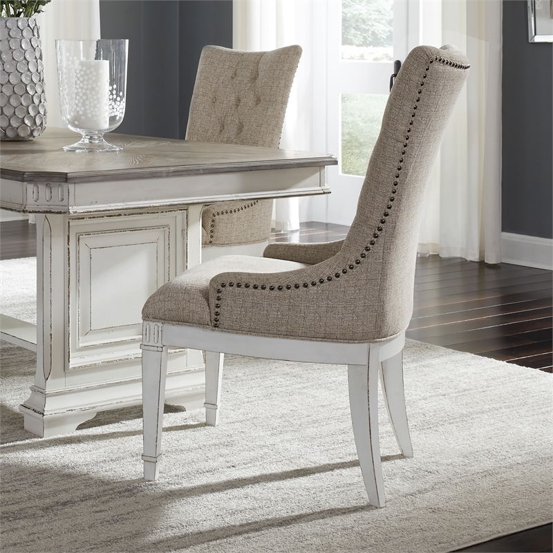 Pemberly Row Beige Hostess Chair Set of 2 with Nail Head and Fluted Legs