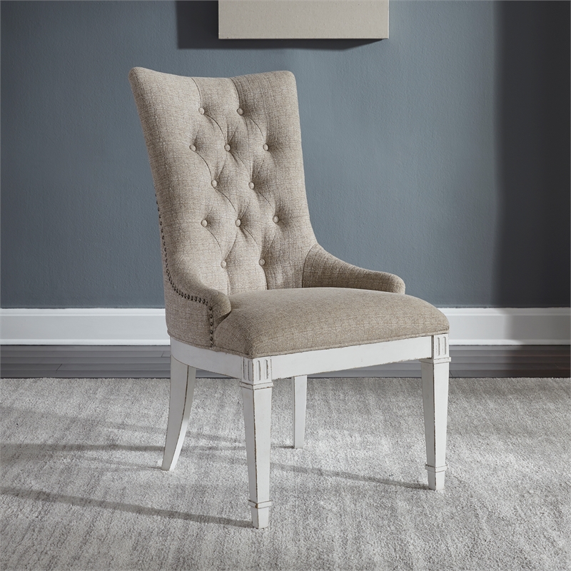Pemberly Row Beige Hostess Chair Set of 2 with Nail Head and Fluted Legs