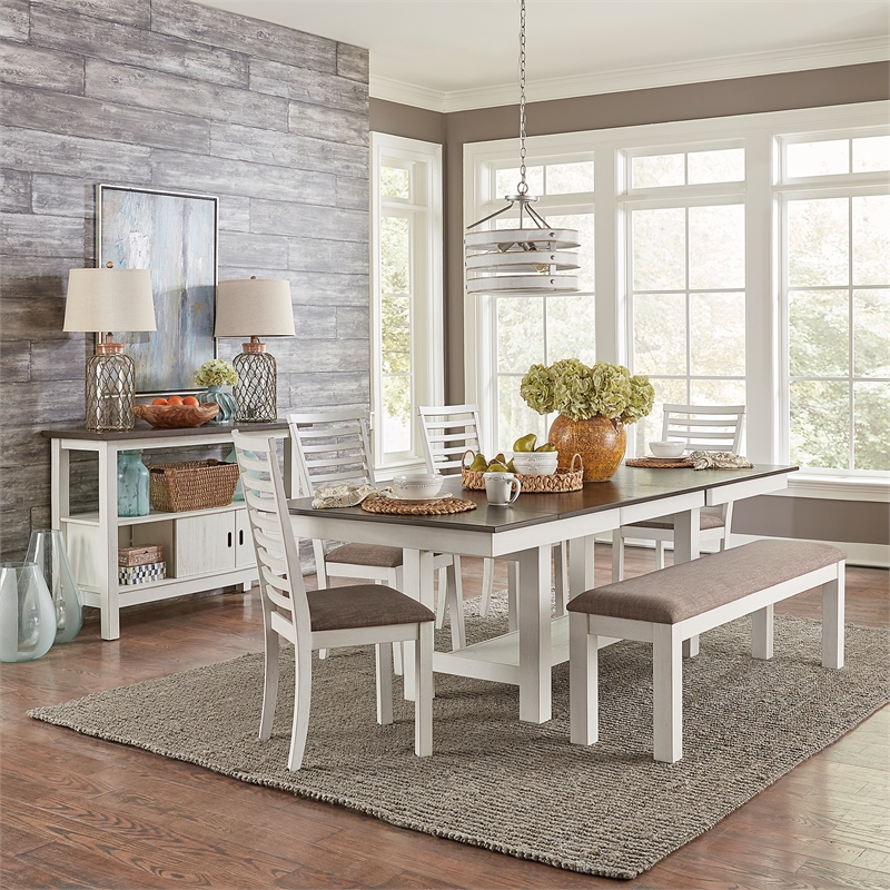 Pemberly Row 6 Piece Trestle Table Set with Upholstered Bench in White
