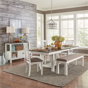 Pemberly Row 6 Piece Trestle Table Set with Upholstered Bench in White