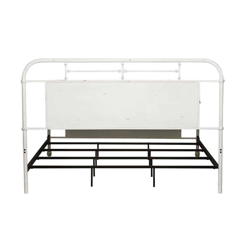 Pemberly Row Metal King Bed with Vintage Styling in Antique White