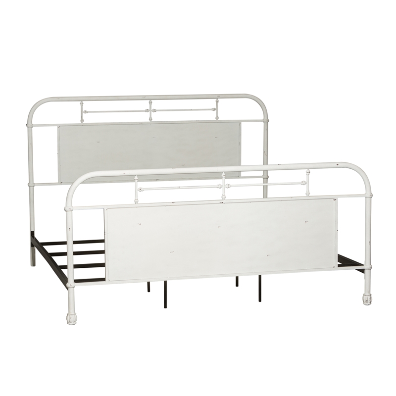 Pemberly Row Metal King Bed with Vintage Styling in Antique White