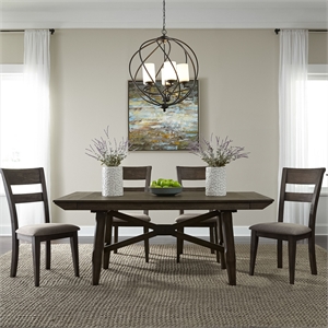 Pemberly Row 5 Piece Trestle Dining Table Set with Linen Seating in Brown