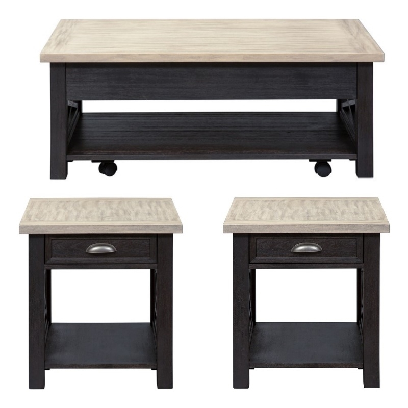 Pemberly Row Heatherbrook Living Room Set in Charcoal & Ash Wood