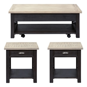 Pemberly Row Heatherbrook Living Room Set in Charcoal & Ash Wood