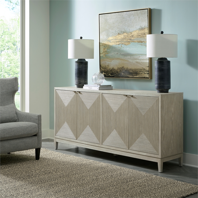 Pemberly Row 4 Door Accent Cabinet in Washed Taupe and Silver Champagne