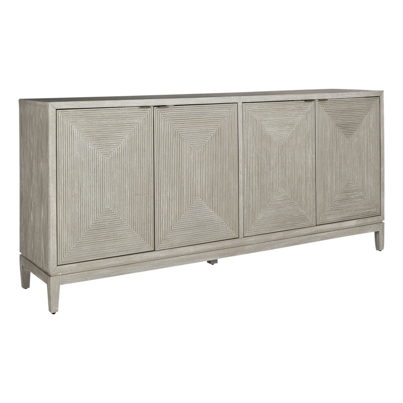 Pemberly Row 4 Door Accent Cabinet in Washed Taupe and Silver Champagne
