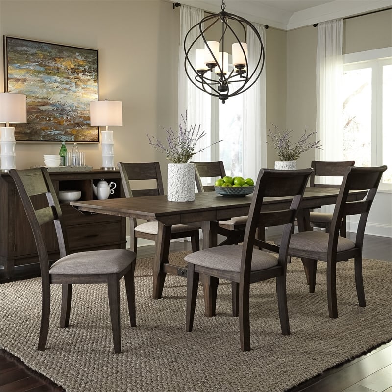 Pemberly Row 7-Piece Trestle Table Set with Dark Chestnut Finish