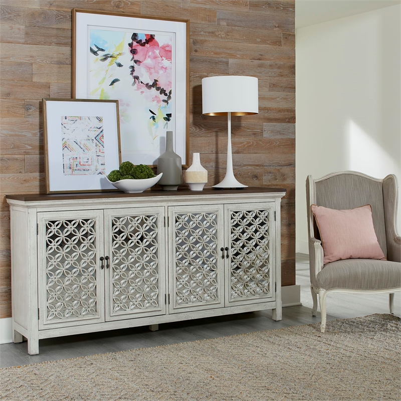 Pemberly Row 4 Door Accent Cabinet with Mirrored Glass in Gray/White