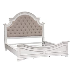 Pemberly Row White Queen Upholstered Bed with Tufted Chenille and Slats