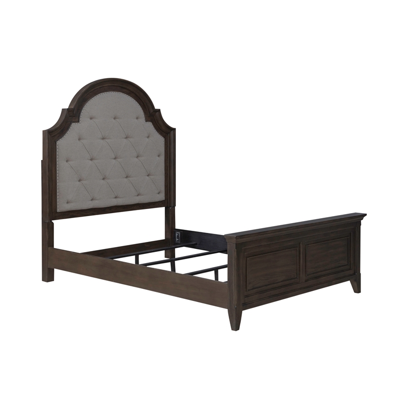 Pemberly Row Queen Upholstered Bed in Saddle Brown with Arched Crown