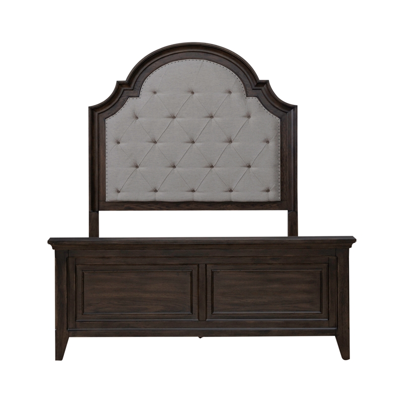 Pemberly Row Queen Upholstered Bed in Saddle Brown with Arched Crown