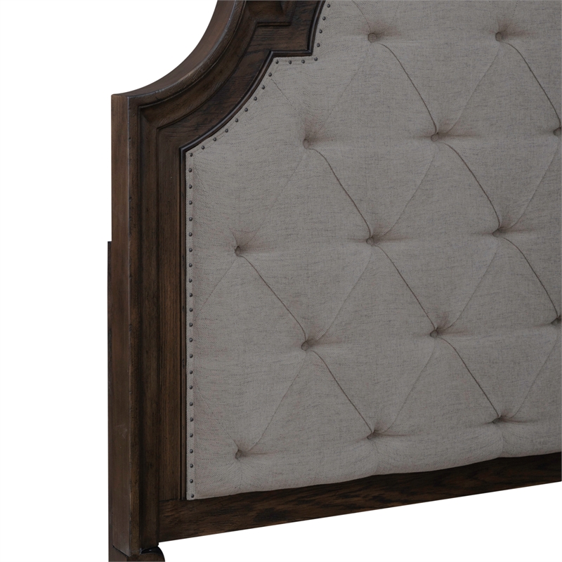 Pemberly Row Queen Upholstered Bed in Saddle Brown with Arched Crown