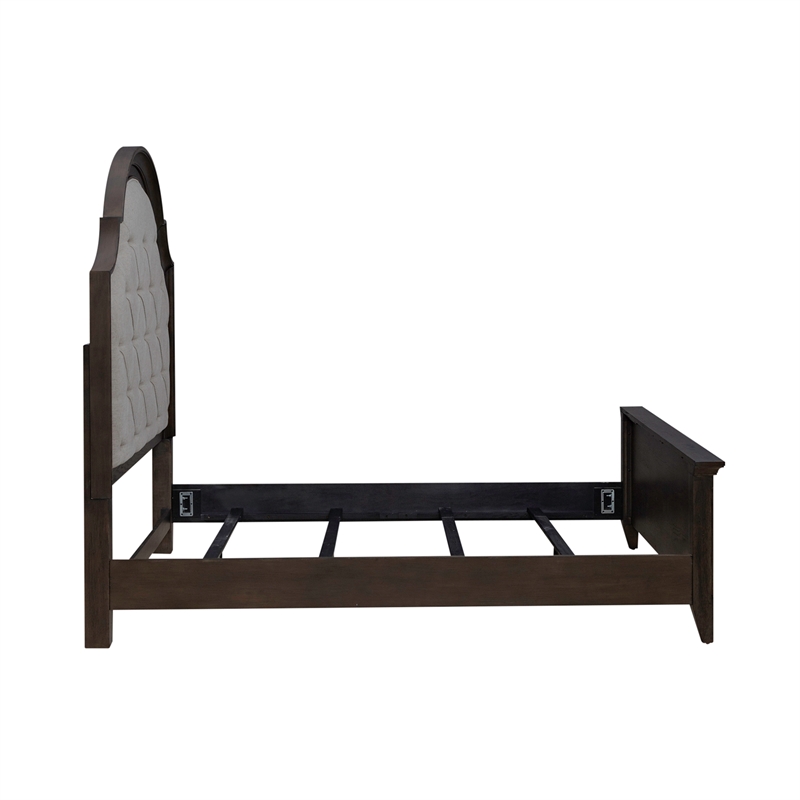 Pemberly Row Queen Upholstered Bed in Saddle Brown with Arched Crown