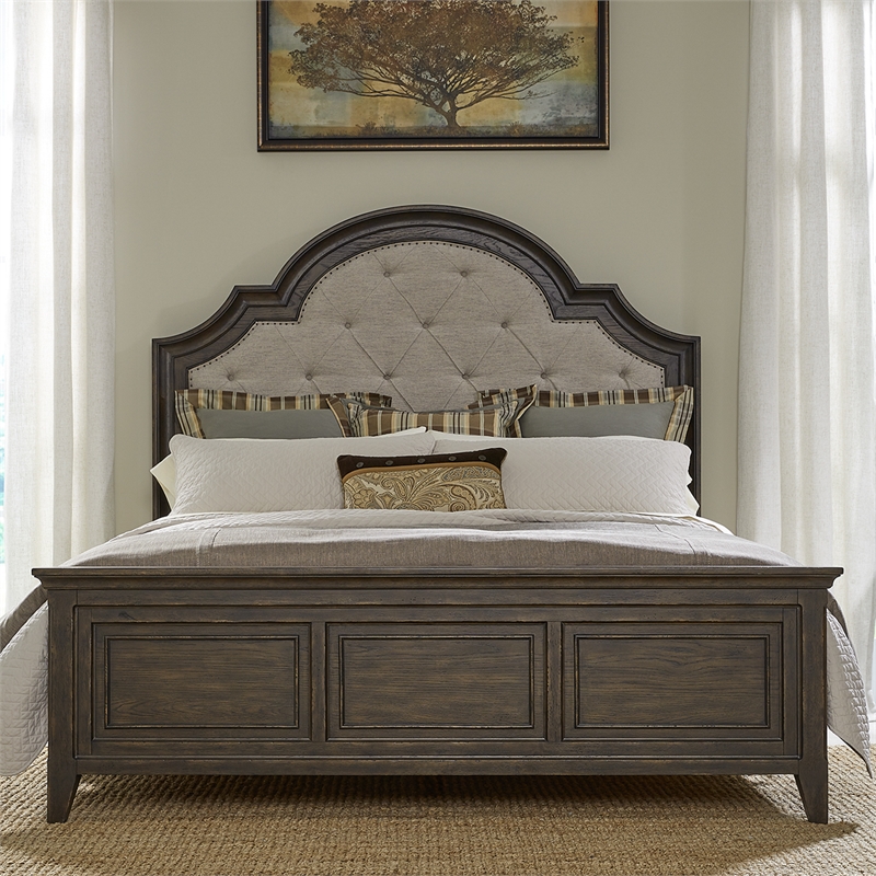Pemberly Row Queen Upholstered Bed in Saddle Brown with Arched Crown