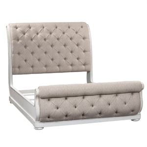 Pemberly Row King Upholstered Sleigh Bed in Antiqued White Chenille