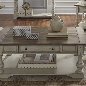 Pemberly Row White Cocktail Table with Turned Legs and Brushed Accents