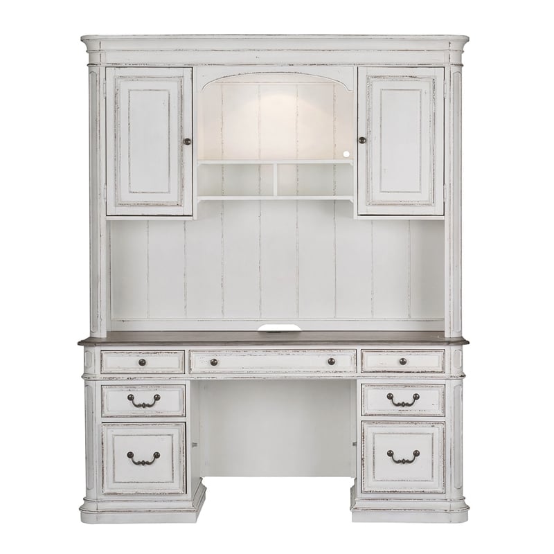 Pemberly Row Wooden Credenza with Hutch and File Storage in White