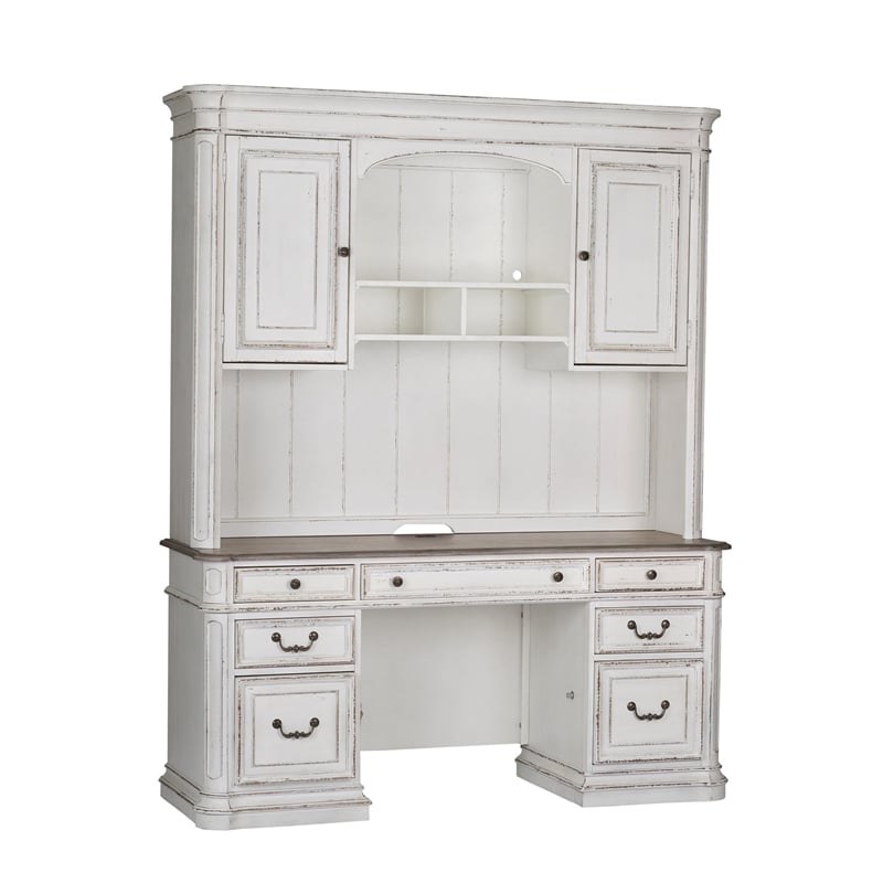 Pemberly Row Wooden Credenza with Hutch and File Storage in White