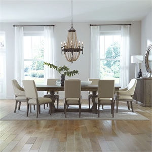 Pemberly Row 9 Piece Trestle Table Set with Double Pedestals in Havana Brown