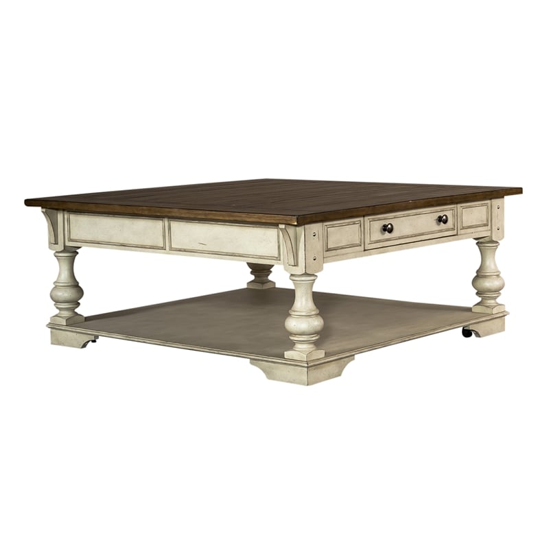 Pemberly Row Drawer Square Cocktail Table with Bracket Feet in Antique White