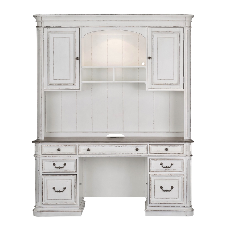 Pemberly Row 5-Piece Wood Desk Set with Hutch in Antiqued White