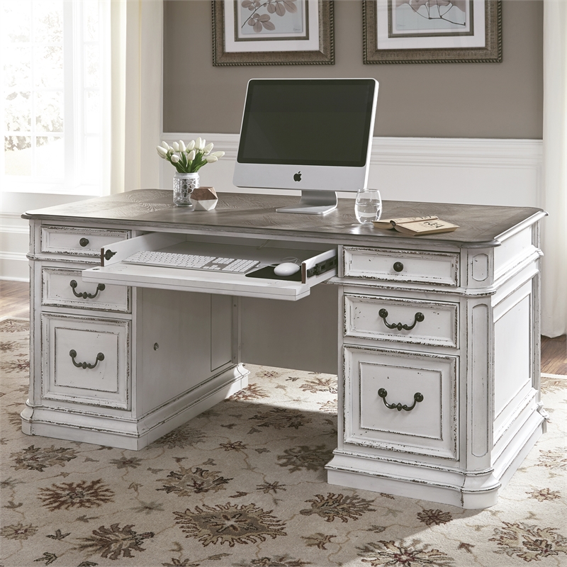 Pemberly Row 5-Piece Wood Desk Set with Hutch in Antiqued White