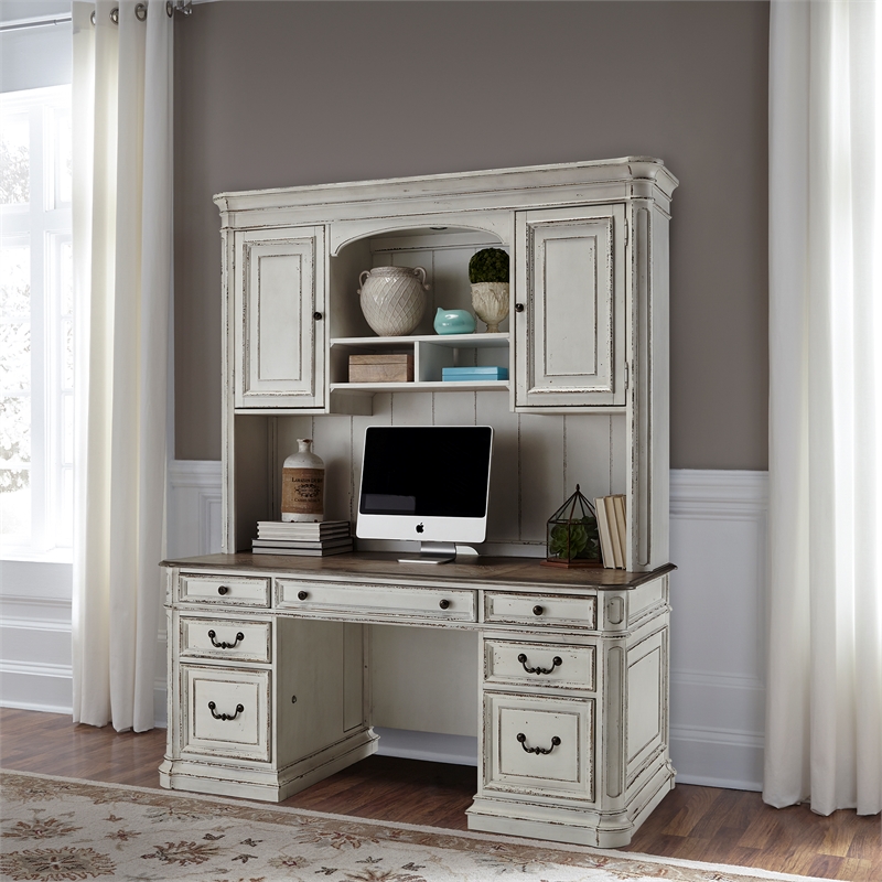 Pemberly Row 5-Piece Wood Desk Set with Hutch in Antiqued White