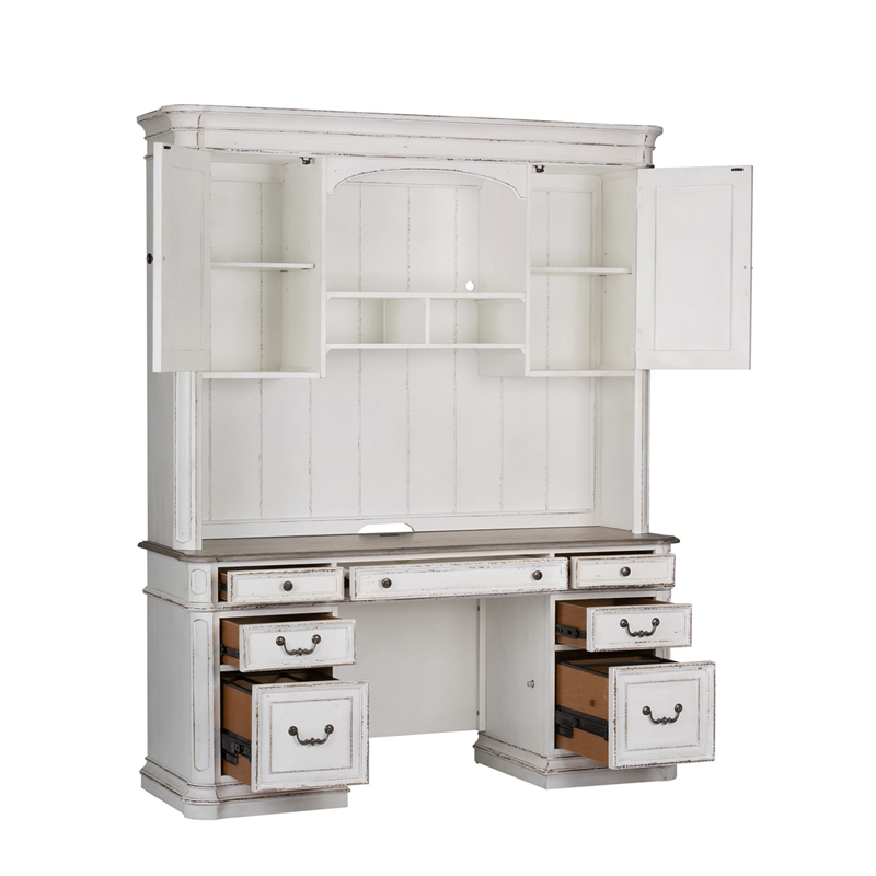 Pemberly Row 5-Piece Wood Desk Set with Hutch in Antiqued White