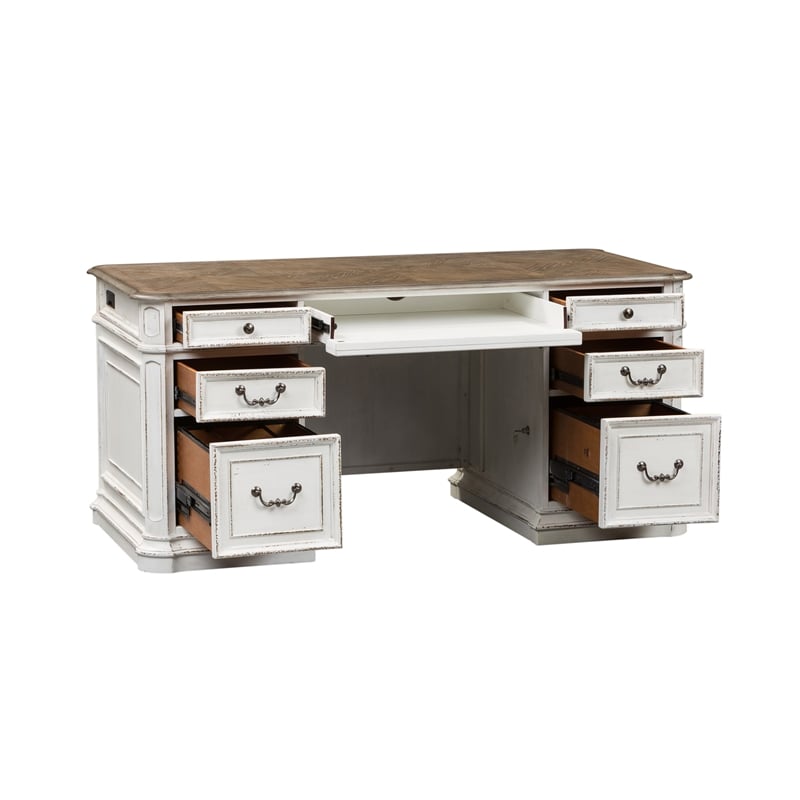 Pemberly Row 5-Piece Wood Desk Set with Hutch in Antiqued White