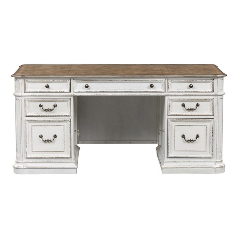 Pemberly Row 5-Piece Wood Desk Set with Hutch in Antiqued White